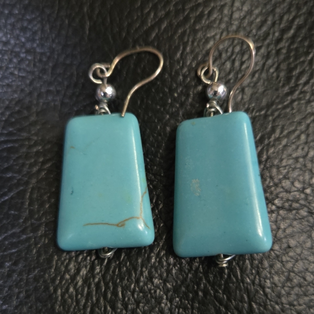 Turquoise natural large chunk hand wrapped sterling silver earrings - Picture 5 of 6